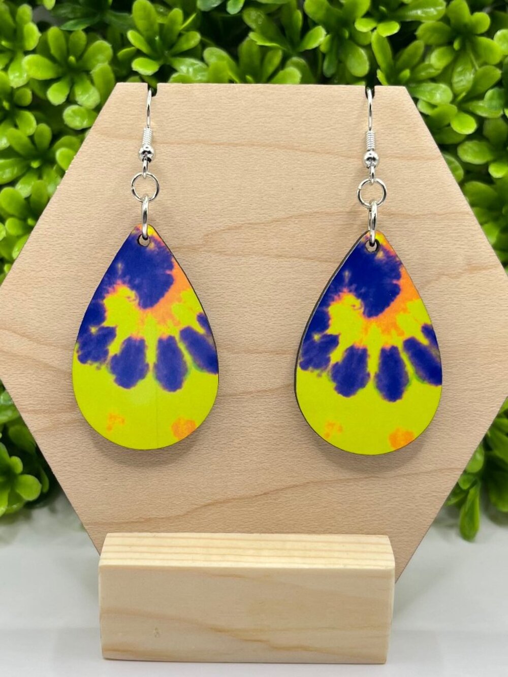 Yellow/Blue/Orange Tie-Dye Sublimated Teardrop Earrings
